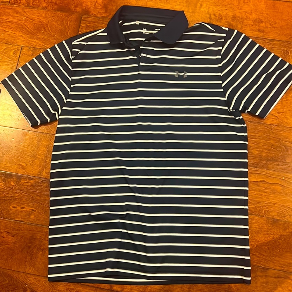 Navy and white striped UA heatgear polo